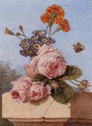 unknow artist Still life of roses,carnations and polyanthers in a terracotta urn,upon a stone ledge,together with a tortoiseshell butterfly Spain oil painting artist